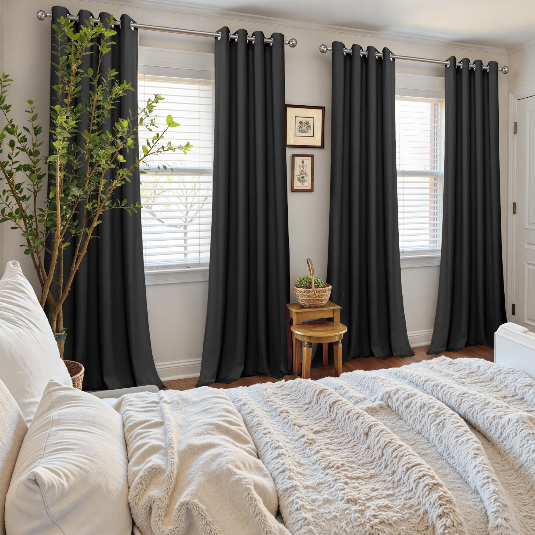 YoungsTex Velvet Black Out Curtains 63 Inches Long for Bedroom, Grommet Thermal Insulated Drapes Room Darkening Privacy for Living Room, Black, 2 Panels, 52 X 63 Inch
