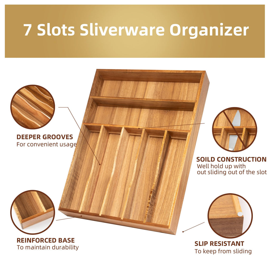 Acacia 4 Slot Silverware Drawer Organizer - Cutlery Holder with Flatware Tray
