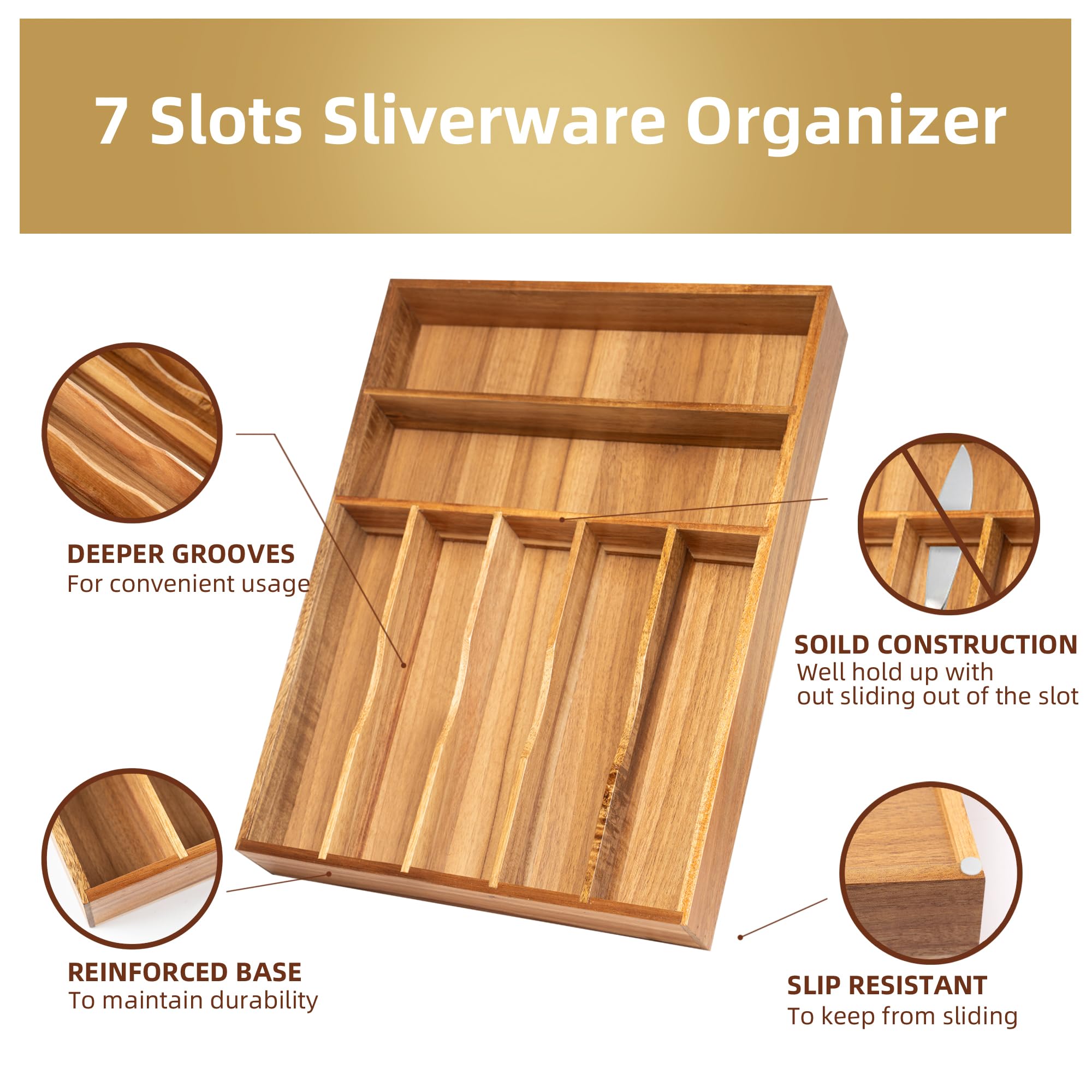 Acacia 4 Slot Silverware Drawer Organizer - Cutlery Holder with Flatware Tray