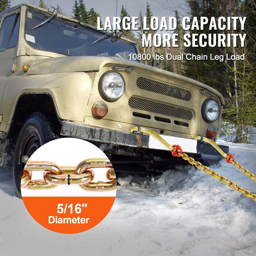 VEVOR G80 V Bridle Chain, 3/8" x 2' Towing Chain Bridle with 15" J Hooks, T Hooks & Grab Hooks, Heavy Duty Transport Tow Chain Bridle with 7800 lbs Safe Working Load for Flatbed Truck Wrecker Recovery