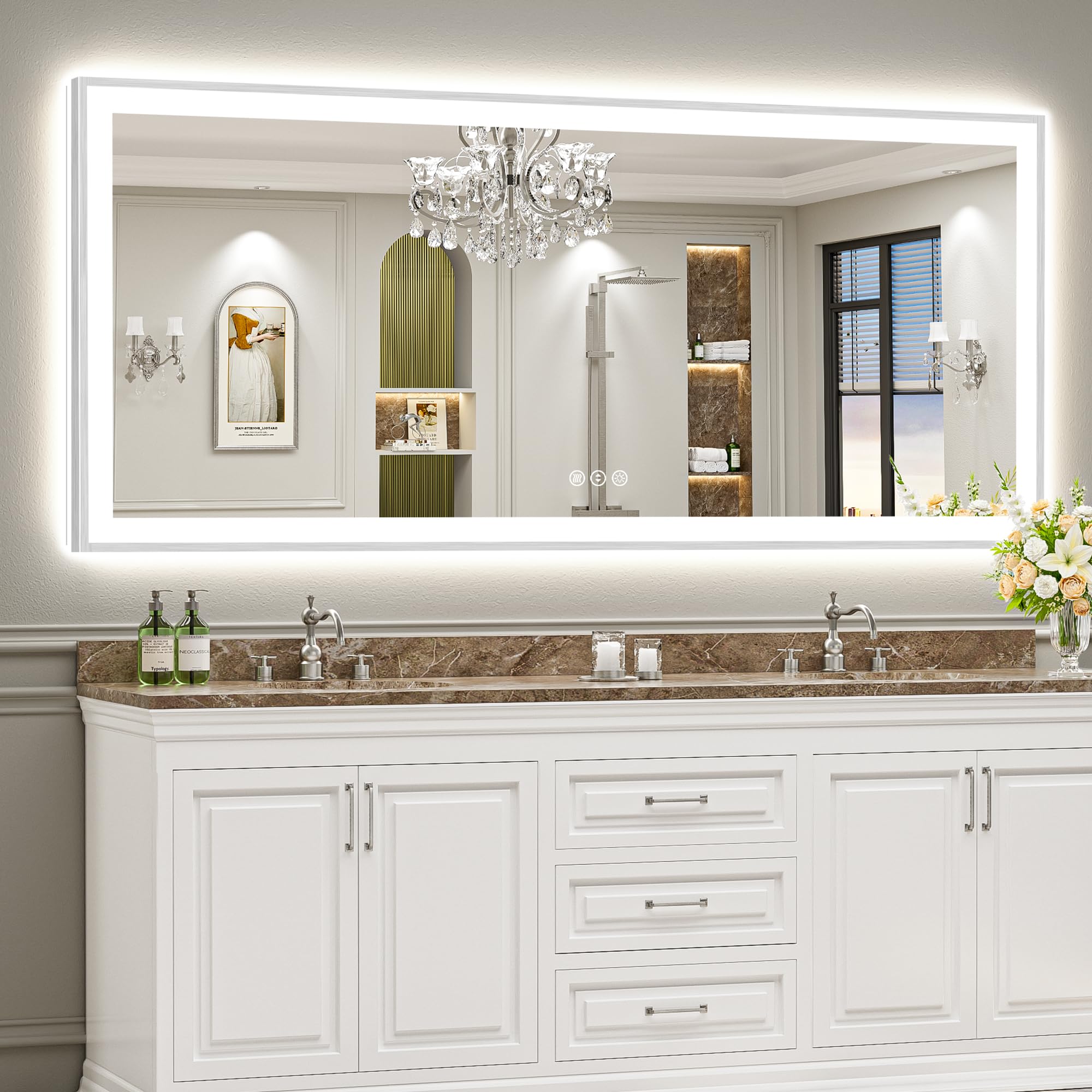 24x32 Black Framed LED Bathroom Mirror with Lights, Backlit and Front Lit Anti-Fog Lighted Vanity Mirrors for Bathroom Wall, Dimmable, 3 Colors, Memory, HD Tempered Glass, Horizontal/Vertical