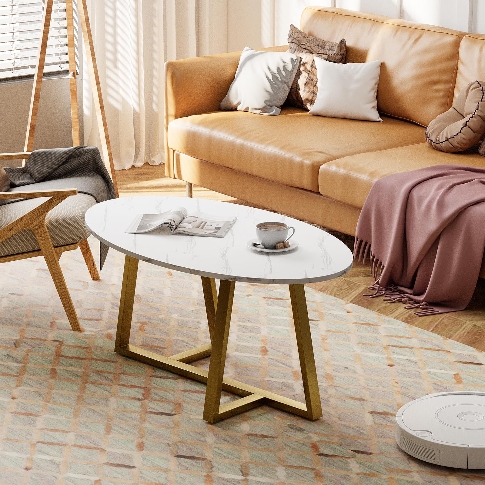 Wolawu Coffee Table Gold Oval Glass Coffee Tables for Living Room,Modern Gold Metal Frame Tea Tables for Small Space, Tempered Glass Top Center Table with Stable Cross Base for Bedroom, Office,Balcony