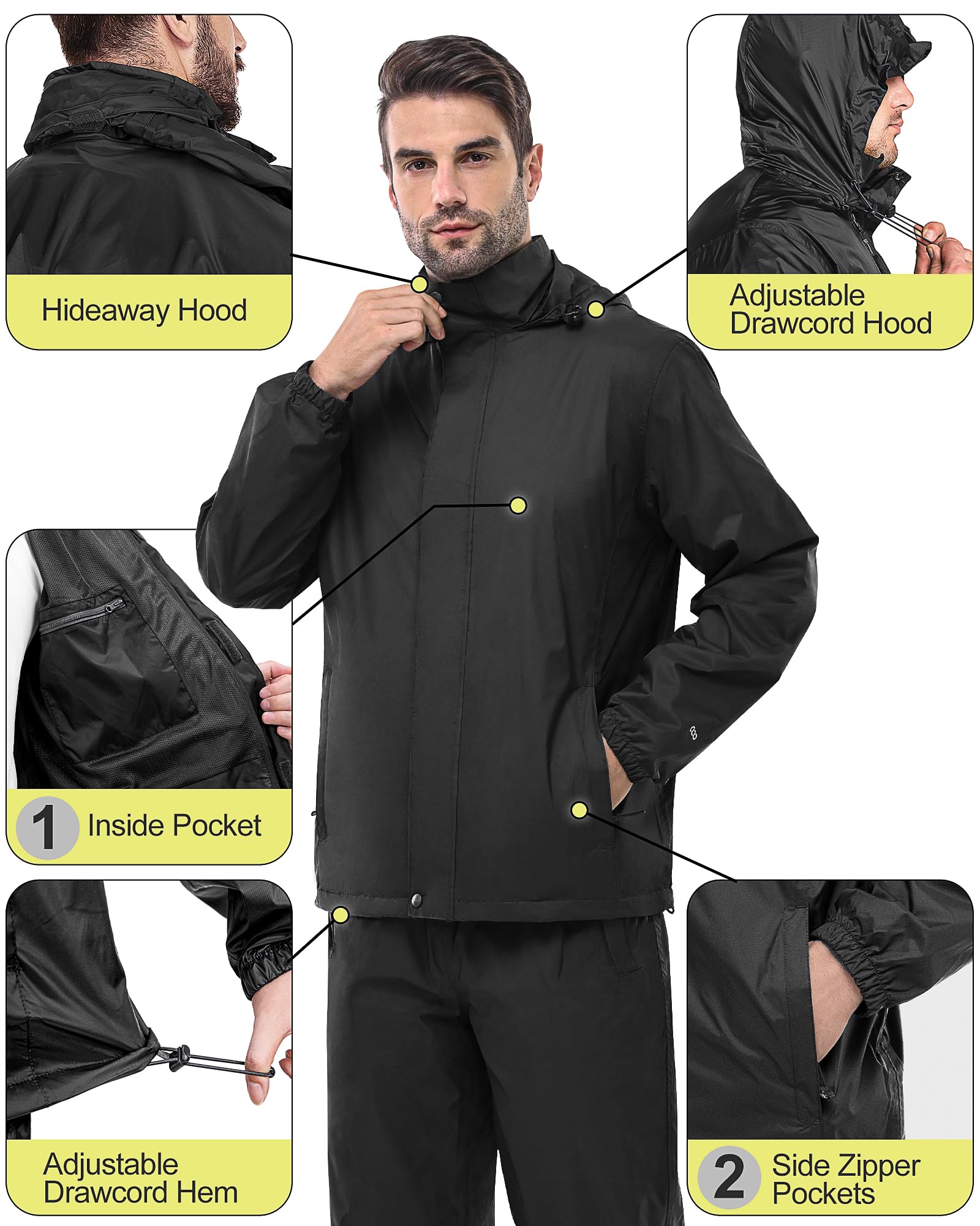 33,000ft Men's Rain Suit Packable Waterproof Lightweight Rain Gear for Golf Hiking Cycling 2 Pieces(Rain Jackets and Pants)