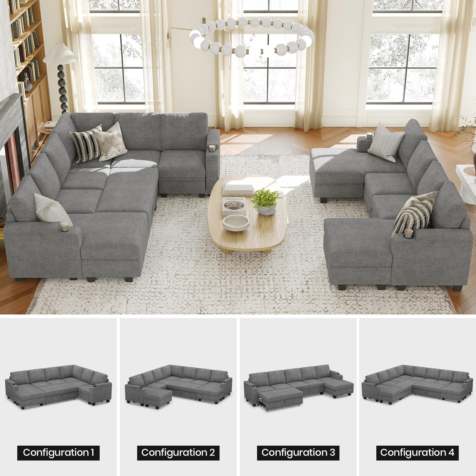 Belffin Modular Sectional Sleeper Sofa Bed with Storage Chaise L Shaped Sectional Couches for Living Room Armrest with Cup Holder. White Couch