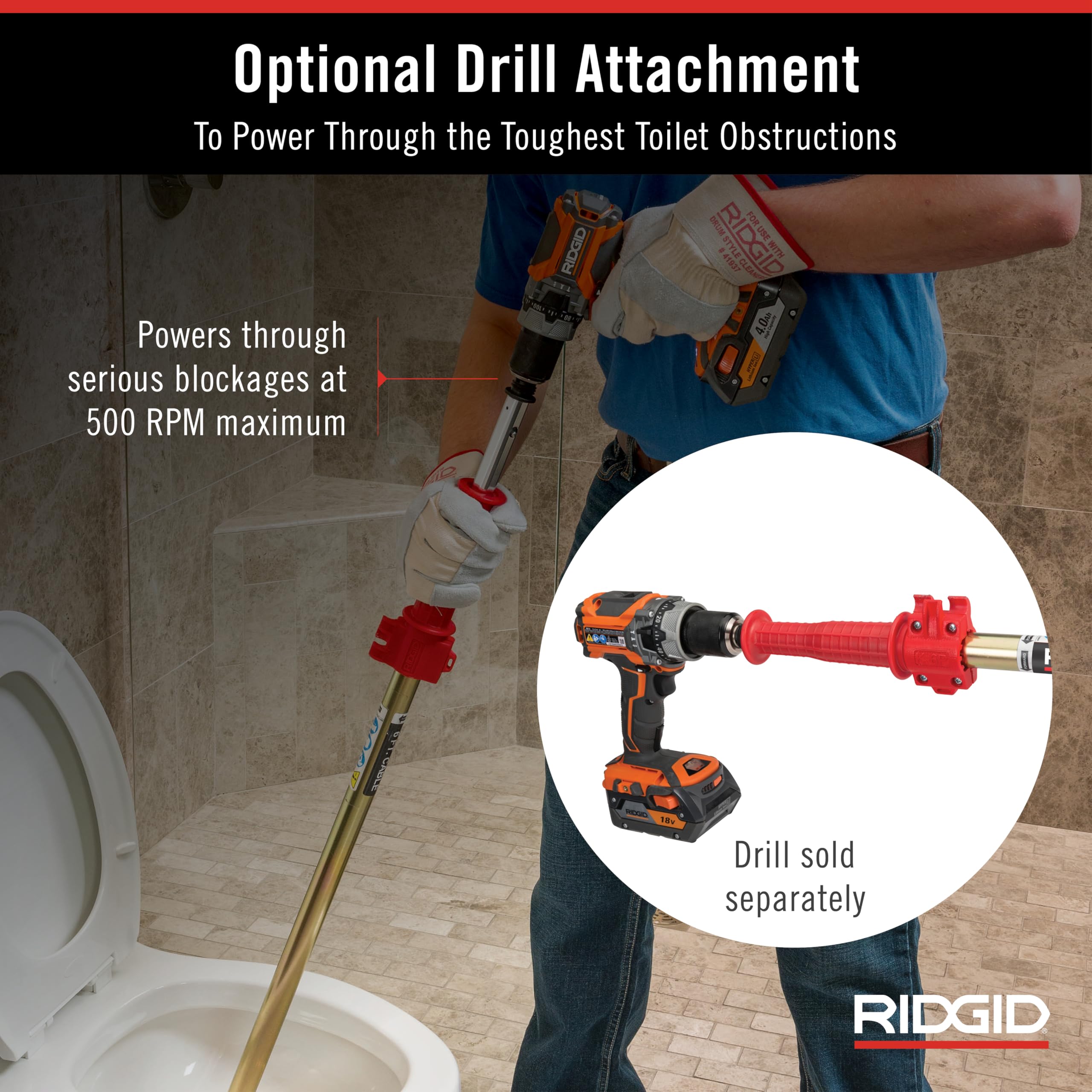 Closet Auger, 6 ft Cable Lg, 1/2 in Cable Dia, Power Drill Compatible, Bulb Head, Manual Cable Feed - 1 Each