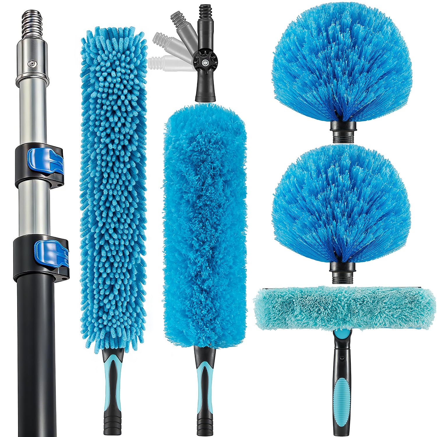 15 Foot High Ceiling Fan Duster with 5-8ft Extension Pole, Extendable Reusable Cobweb, Feather, Window Cleaning Squeegee Kit