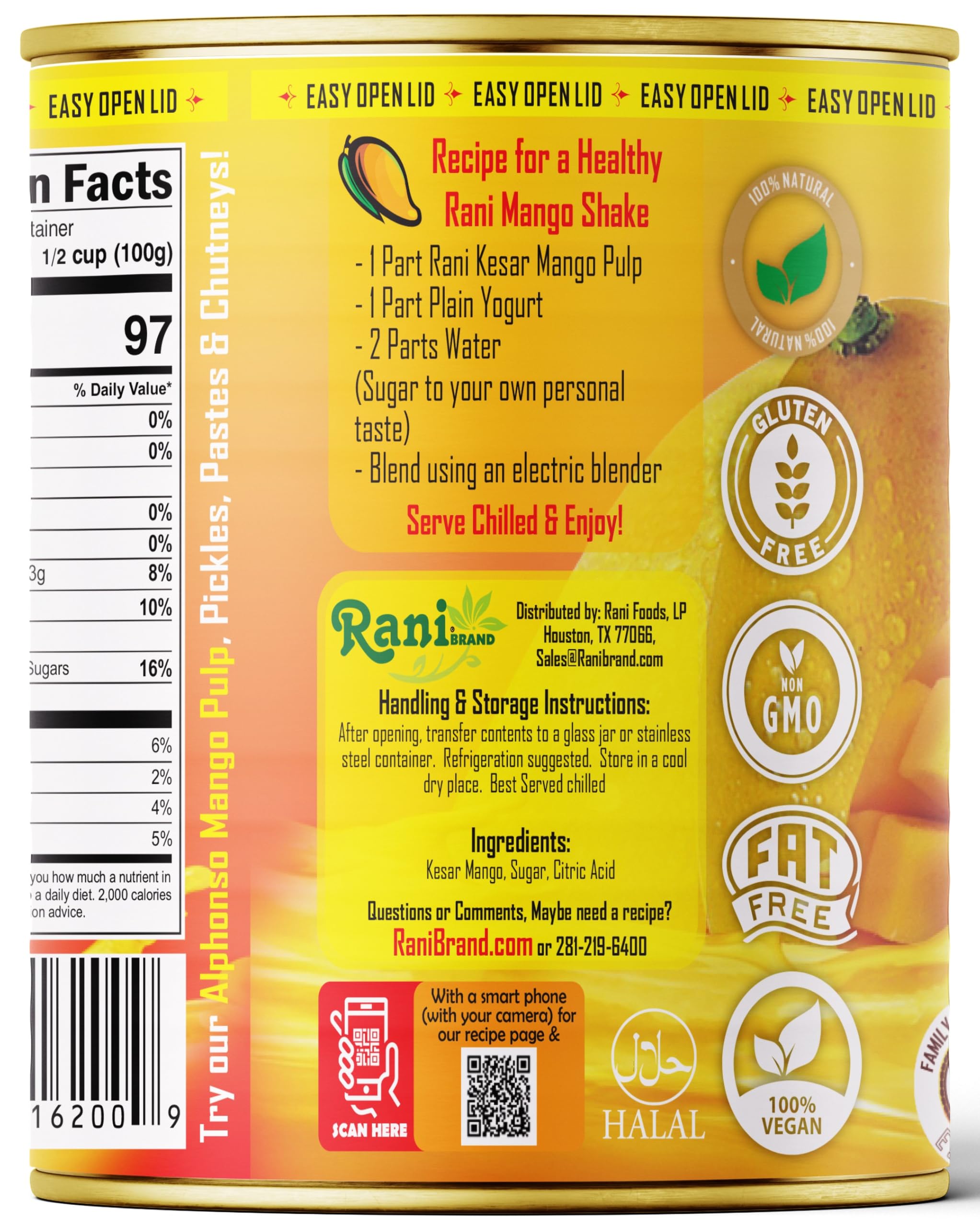 Rani Mango Pulp Puree (Makes Mango Lassi Shakes) Alphonso Sweetened 30oz (1.875lbs) 850g ~ Kosher | All Natural | NON-GMO | Vegan | No colors | Gluten Friendly | Indian Origin
