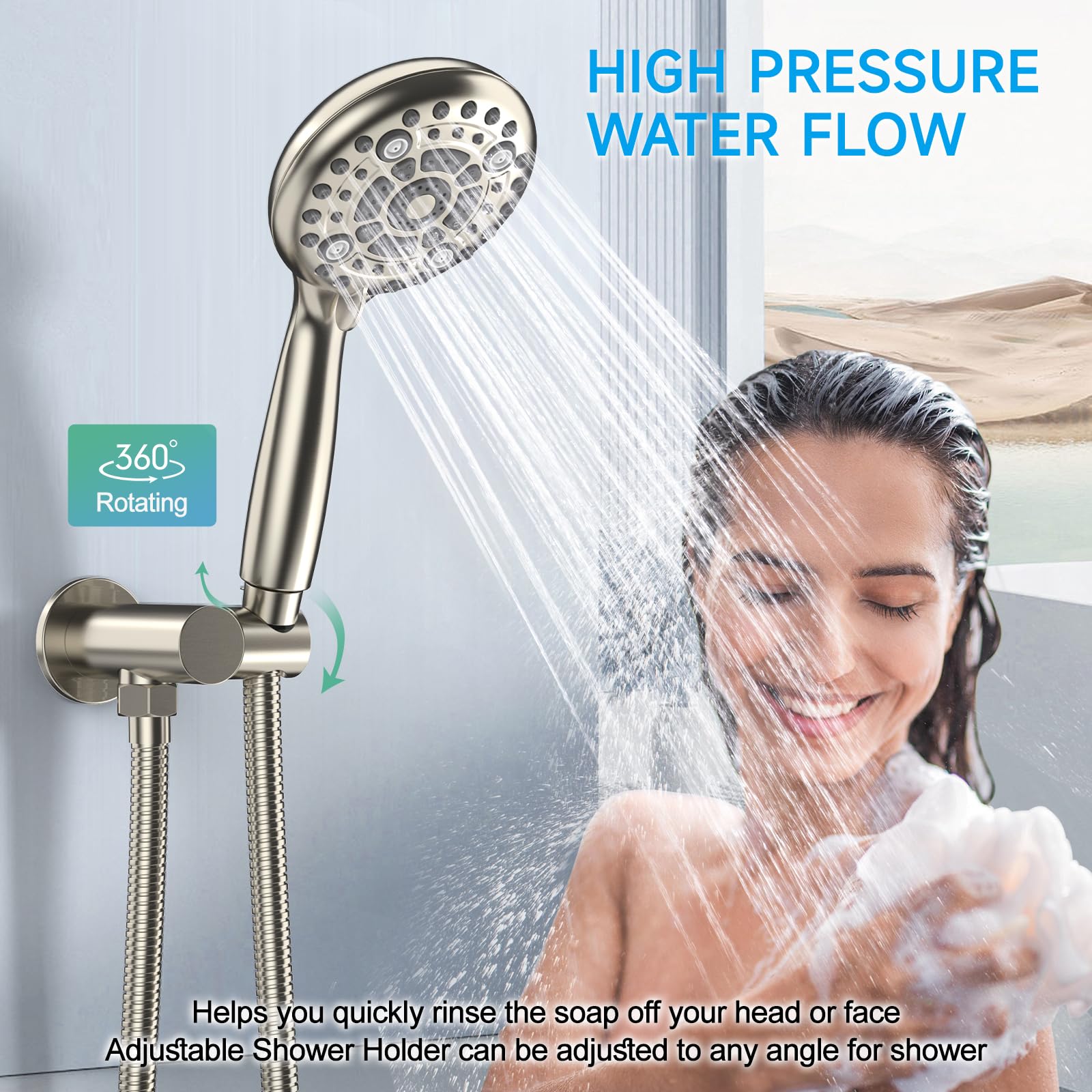 EMBATHER Shower Faucets Sets Complete, with 3 Setting High Pressure Shower Head Combo, Bathroom Wall Mounted Rainfall Shower System Fixtures with 8-Mode Handheld Spray, Brushed Nickel