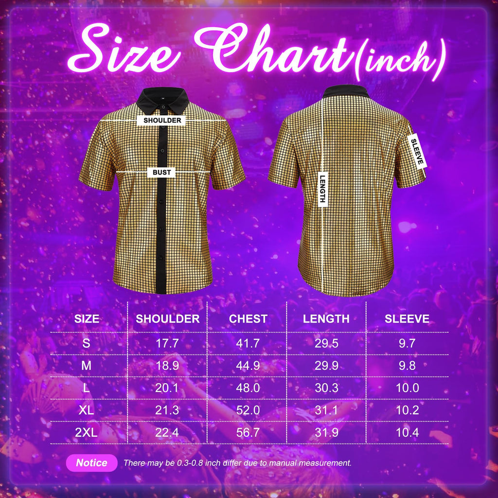 Zando Men's Sequin 70s 80s Disco Shirt - Retro Short Sleeve Button Up Costume Halloween New Year Party Outfit Top & Clubwear