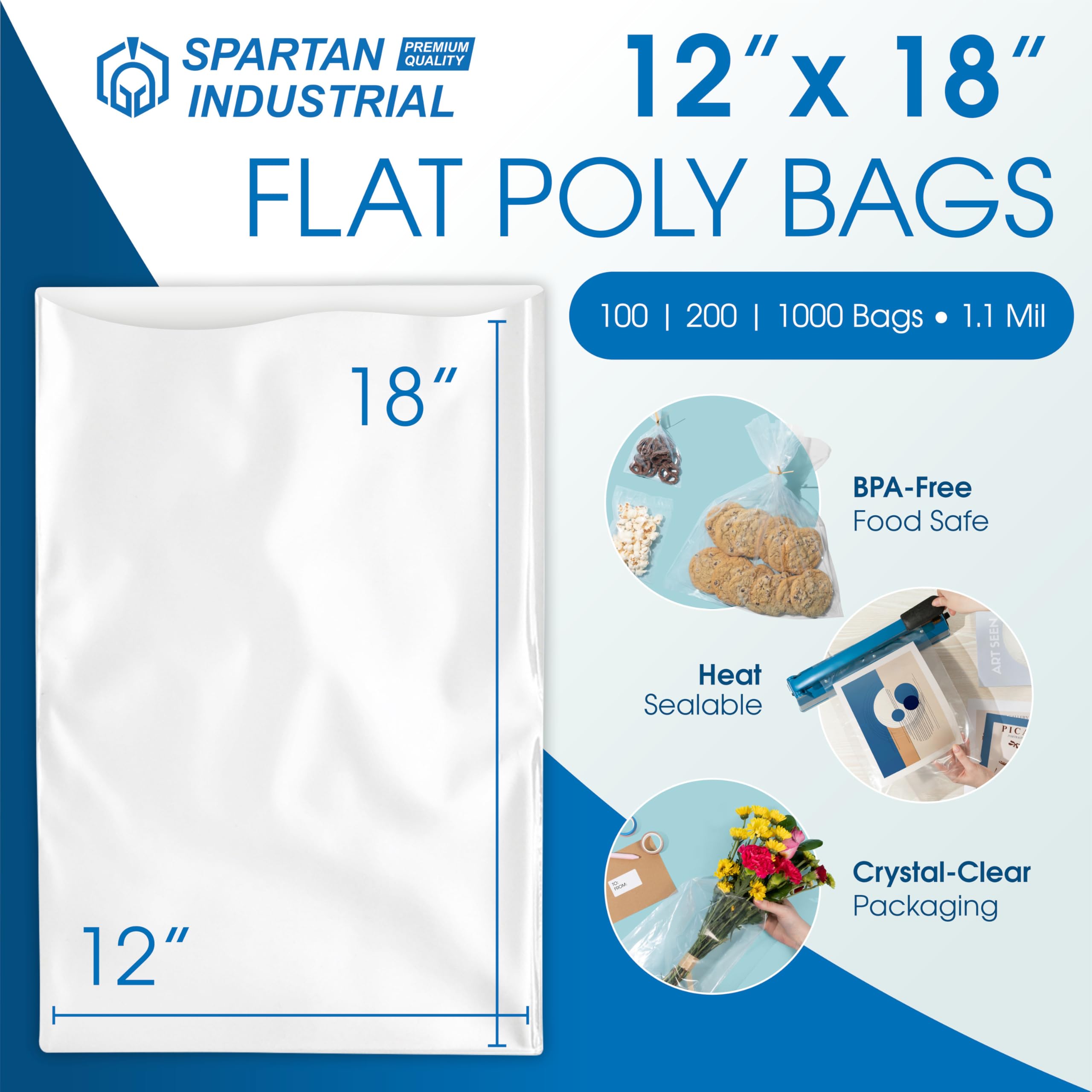 10" X 13" Open-End Flat Clear Poly Bags (100 Count) - 1.1 Mil Clear Plastic Bags for Packaging and Storage - No Adhesive Strip - Spartan Industrial