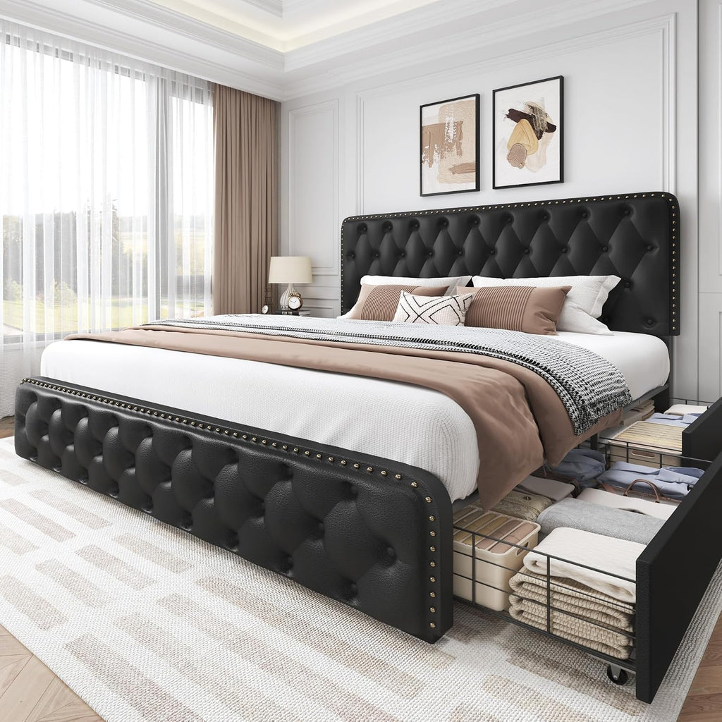 Lifezone Queen Bed Frame with Headboard Faux Leather Upholstered Metal Queen Bed Frame with 4 Storage Drawers, Adjustable Headboard/All-Metal Support/No Box Spring Needed/Easy Assembly, Black