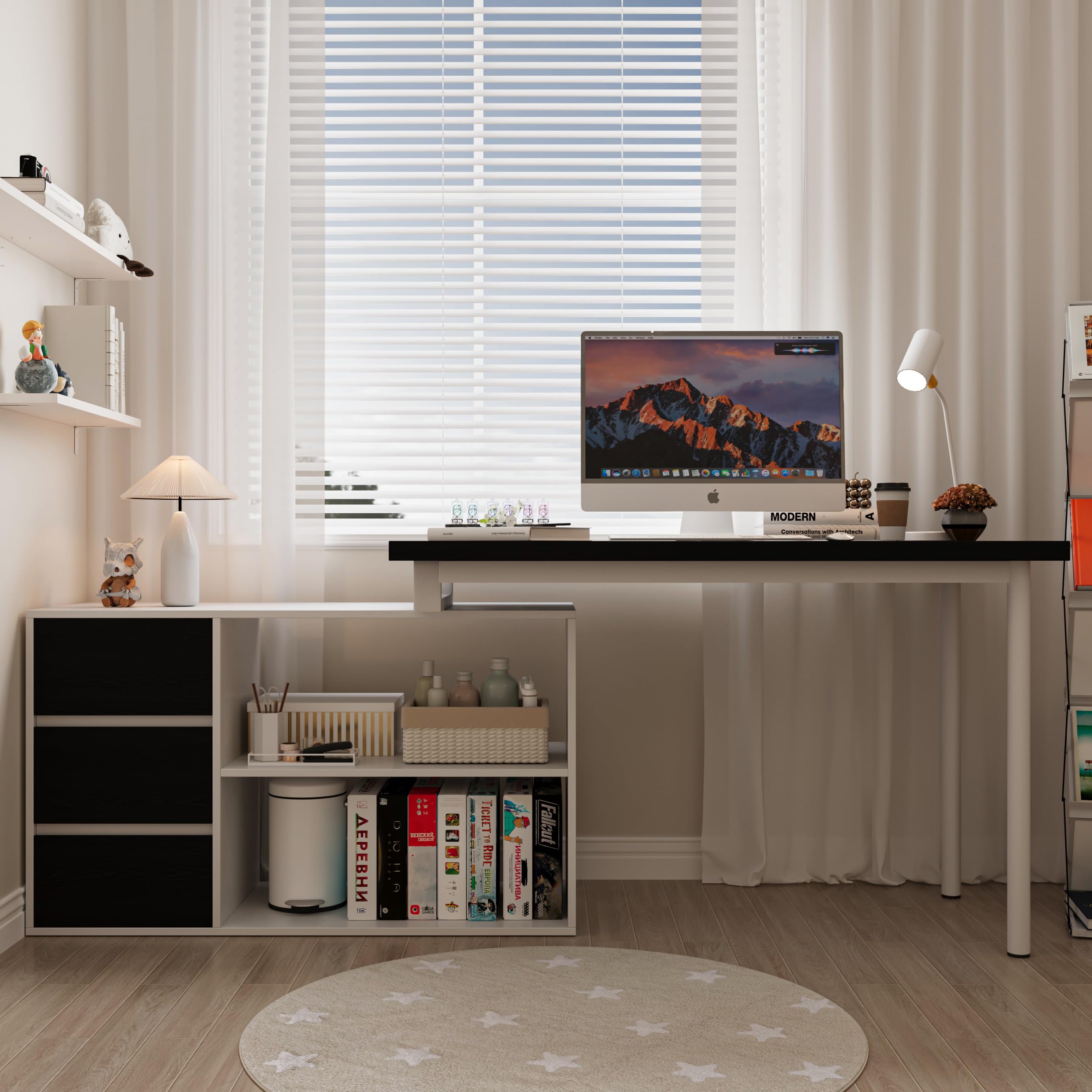 Bobve L Shaped Computer Desk, 47 Inch Home Office Desk with File Drawers & Storage Shelves, Small Corner Computer Desk for Small Space (Black + White)