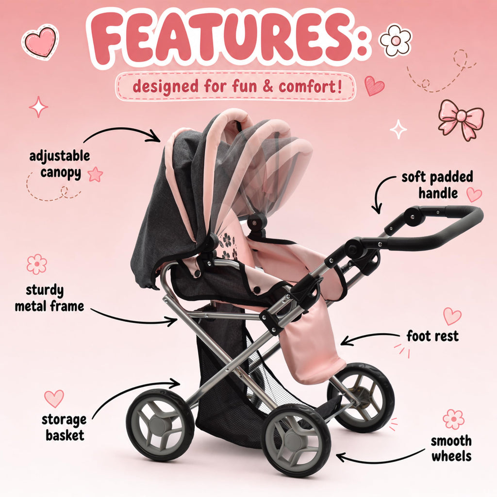 Baby Doll Convertible Pram Stroller with Removable Travel Bassinet Carrier for Kids Adjustable Handle Buggy Carriage with Canopy and Storage Basket 25 Inch Pink, Black