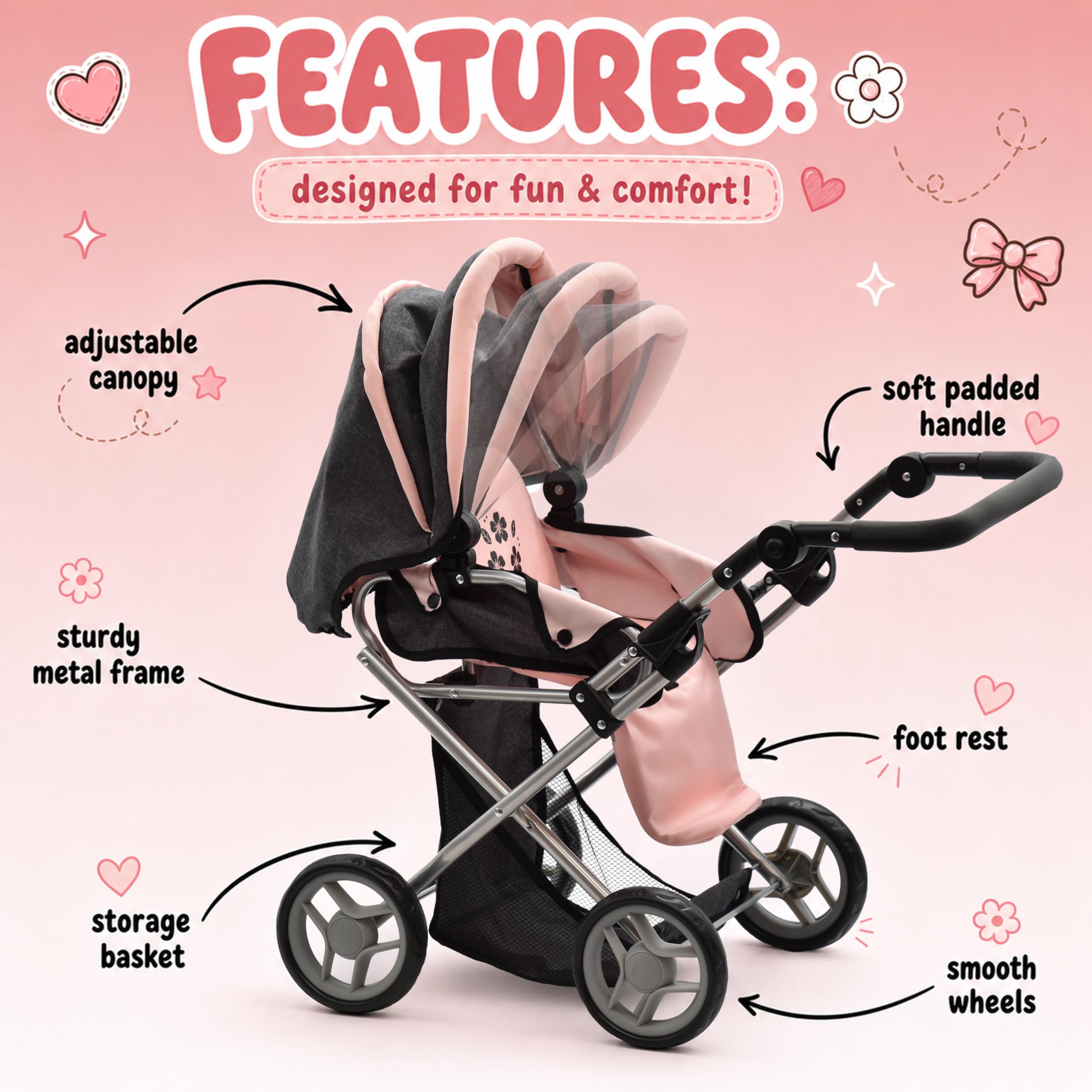 Baby Doll Convertible Pram Stroller with Removable Travel Bassinet Carrier for Kids Adjustable Handle Buggy Carriage with Canopy and Storage Basket 25 Inch Pink, Black