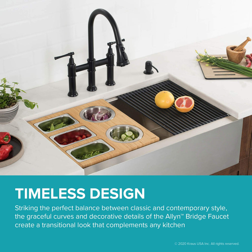KRAUS Allyn Transitional Bridge Kitchen Faucet with Pull-Down Sprayhead in Brushed Gold, KPF-3121BG