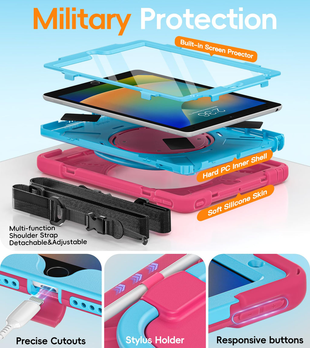 BATYUE for iPad 9th/ 8th/ 7th Generation Case (iPad 10.2 inch Rugged Case 2021/2020/2019) with Screen Protector, Rotating Stand/Pencil Holder/Carrying Shoulder Strap (Colourful Pink)