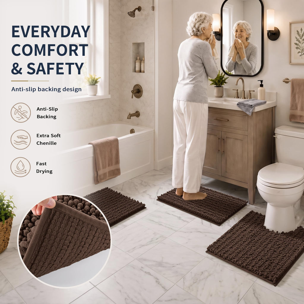 Yimobra Black Bathroom Rug Set 3 Piece - Super Absorbent Quick Dry Chenille Bath Mats & Toilet Rug, Non Slip Machine Washable, Extra Thick Shaggy Floor Mat for Shower Tub Sink
