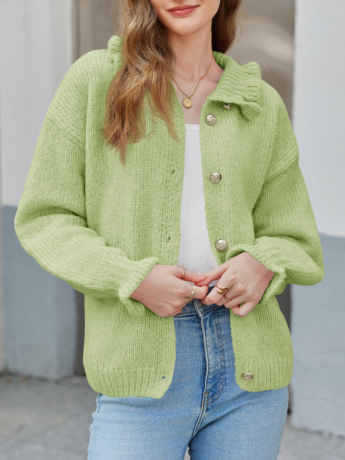Saodimallsu Womens Ruffle Cardigan Oversized Button Up Fall Trendy Ribbed Knit Open Front Long Sleeve Loose Cute Sweater