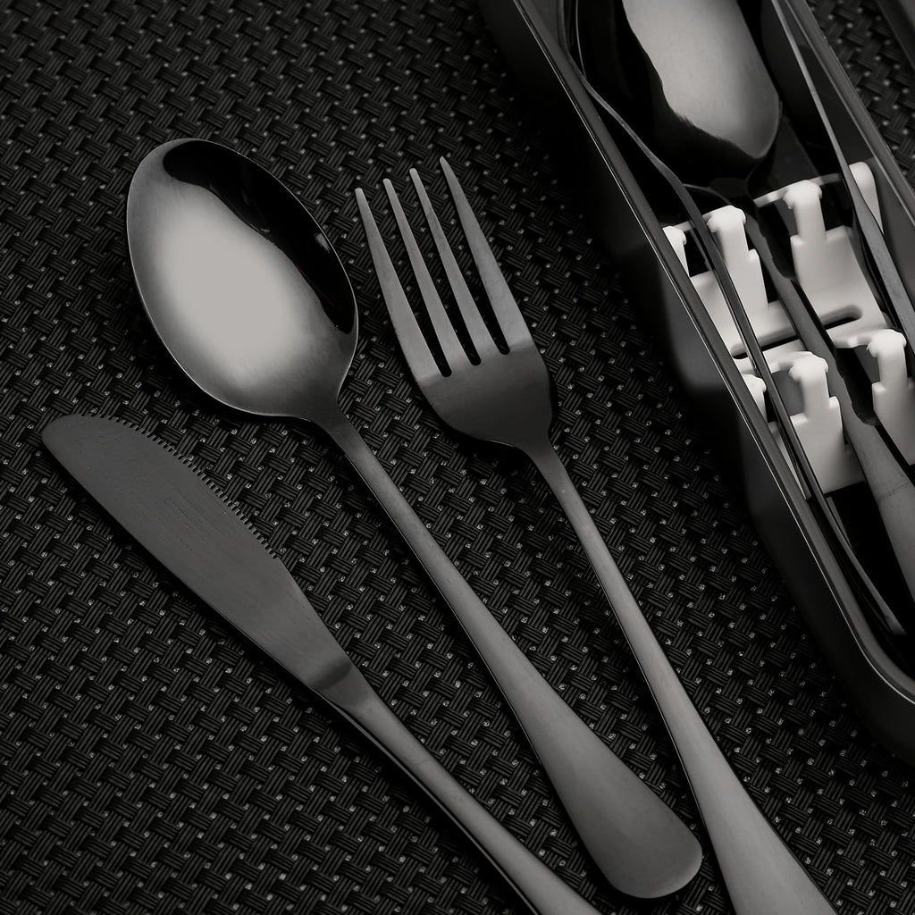 SAOSHYPEI 4-Piece Portable Utensils Set with Travel Case, Reusable Food-Grade Stainless Steel Silverware (Knife, Fork, Spoon), Dishwasher Safe Flatware for Camping, Work Lunch & Picnic, Black