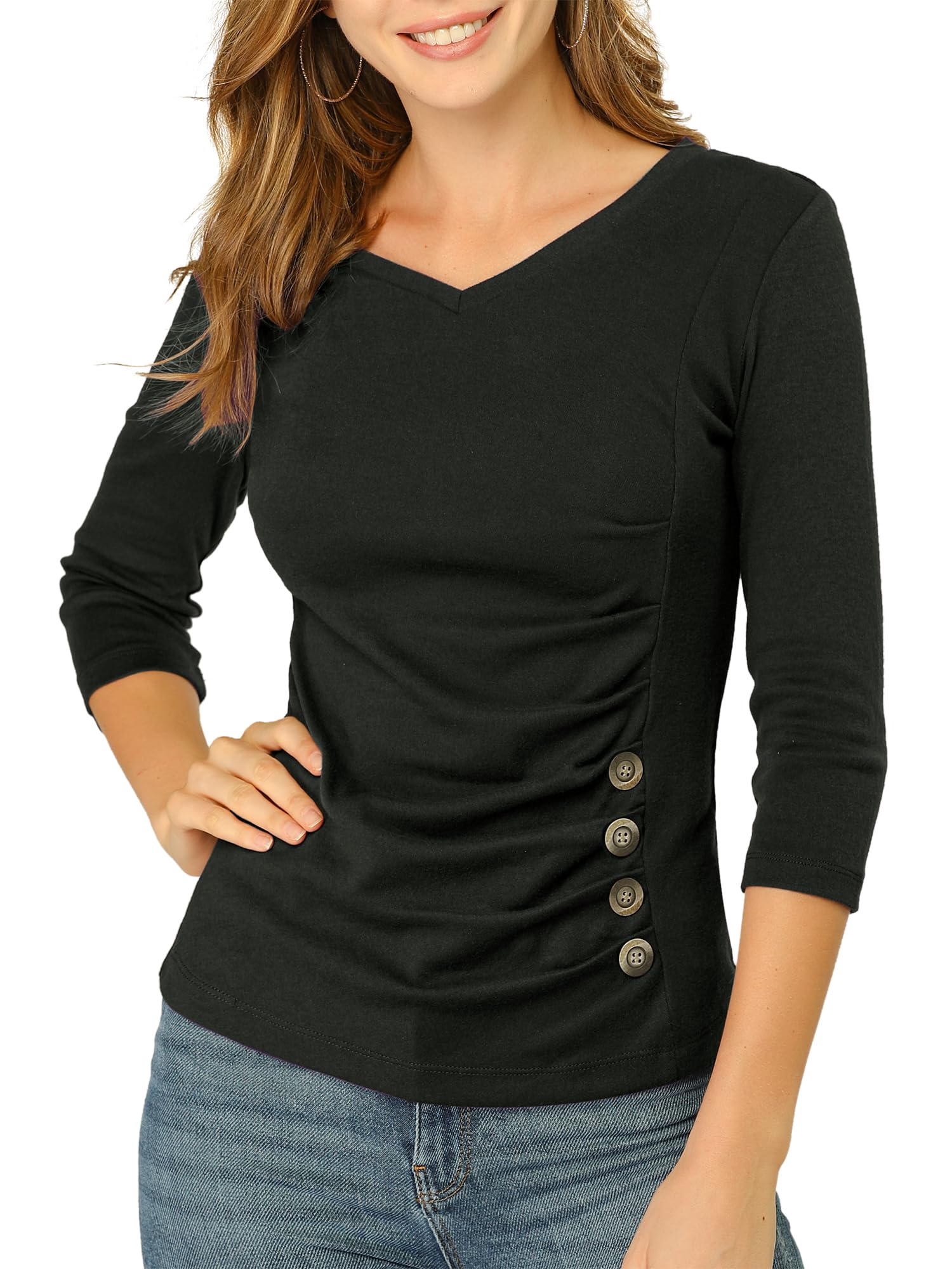 Allegra K Women's V Neck Tops 3/4 Sleeves Solid Knitted Buttons Decor Ruched Blouse