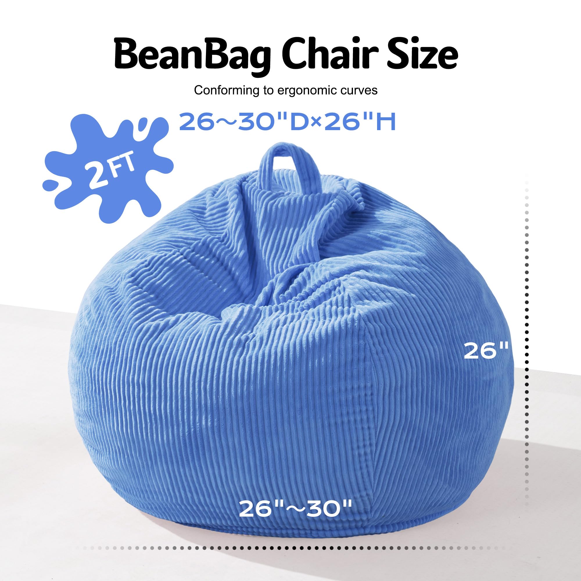 Homguava Bean Bag Chair,Teardrop Bean Bags Small Beanbag Chair with Memory Foam Filled and Ultra Soft Corduroy Cover for Living Room, Bedroom (Black 2FT)