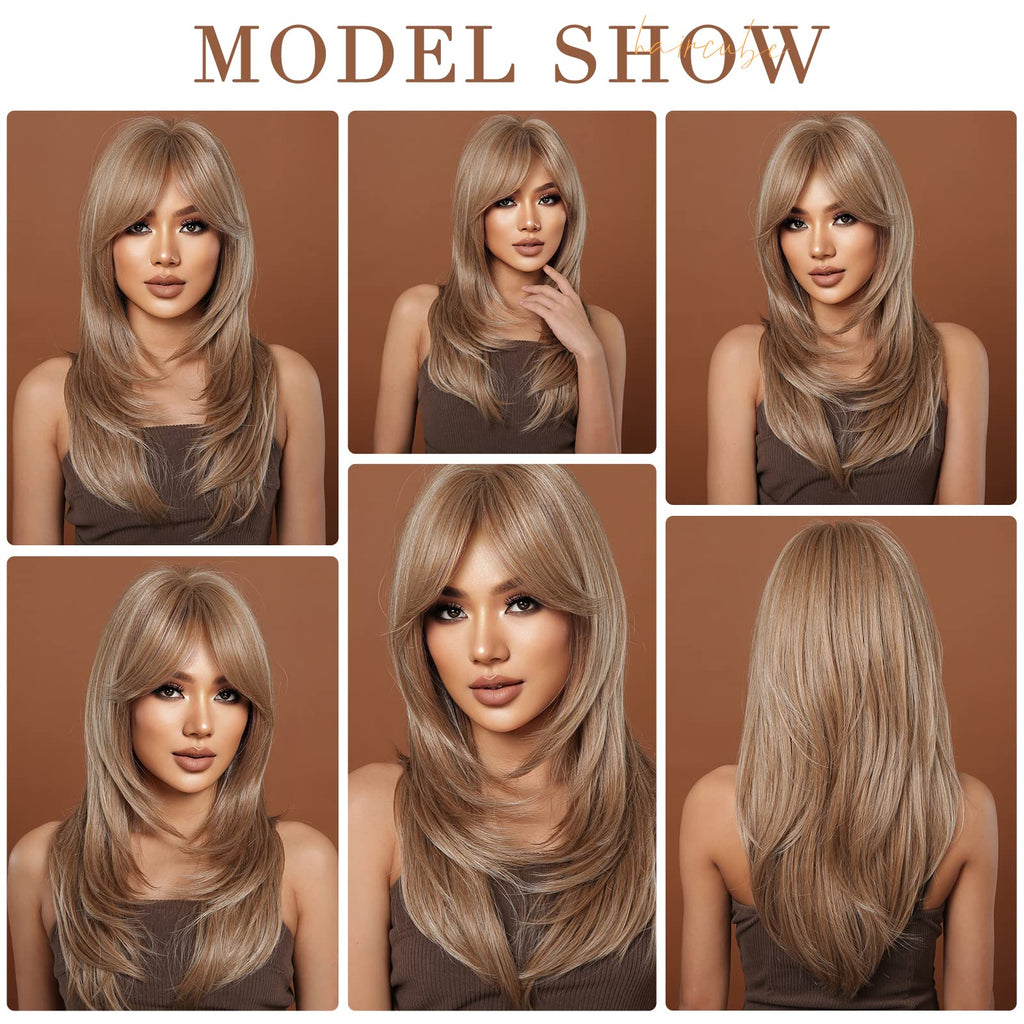 HAIRCUBE Auburn Wigs for Women,Long Layered Orange Wigs with Bangs Heat Resistant Synthetic Fibre Wigs(pelucas de cabello natural)