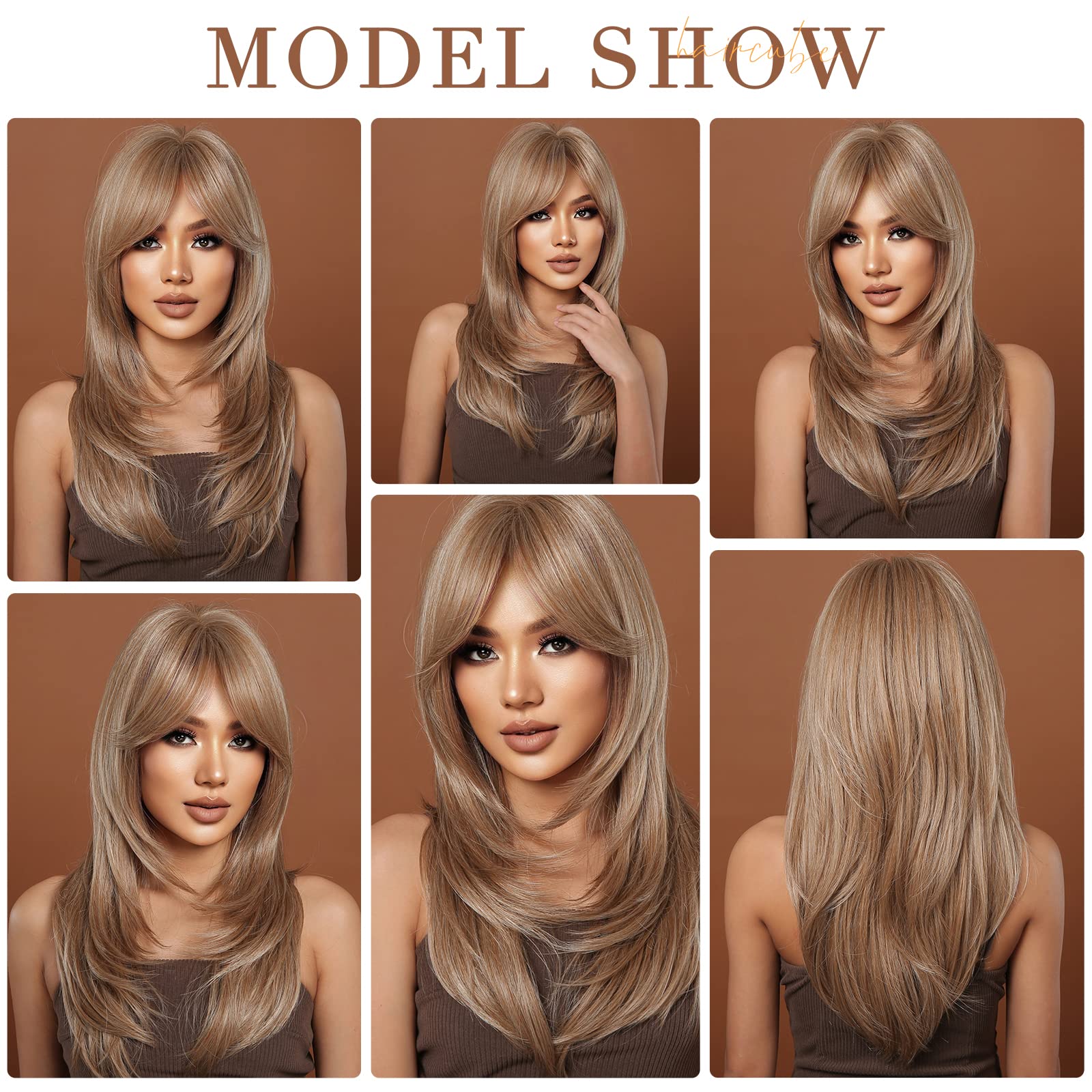 HAIRCUBE Auburn Wigs for Women,Long Layered Orange Wigs with Bangs Heat Resistant Synthetic Fibre Wigs(pelucas de cabello natural)