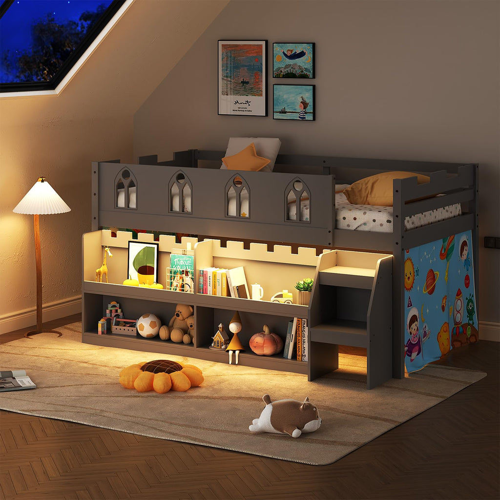 JOYMOR Low Loft Bed Twin Size with LED Lights, 4 Storage Shelves, Removable Curtain, Kids Wood Loft Bed with 15" H Safety Guardrail, Spave Saving, Mattress Not Included (Gray)