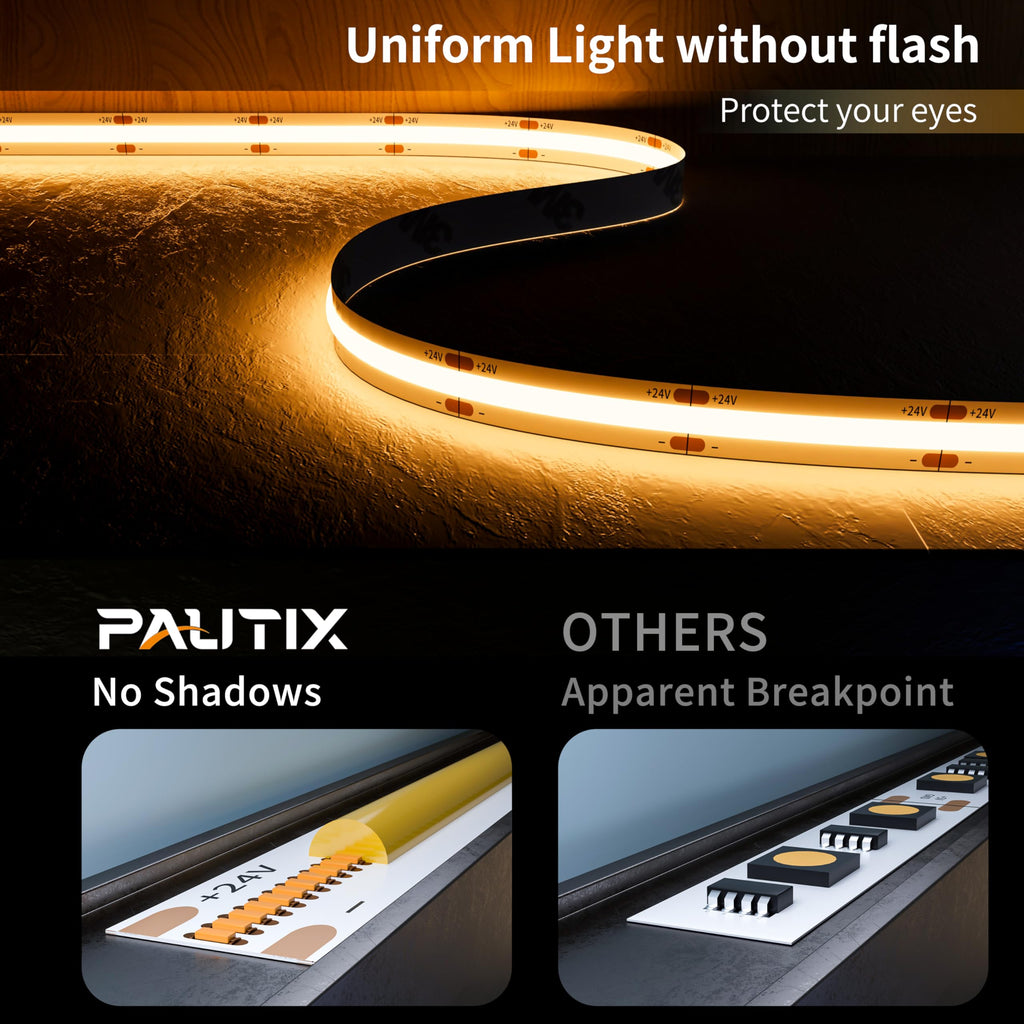 PAUTIX COB LED Strip Neon Rope Light 16.4ft/5m, 2700K Warm White 504 LEDs/m 24V,Silicone LED Neon Light IP68 Waterproof for Outdoor Indoor Lighting Decor(Power Supply NOT Included)
