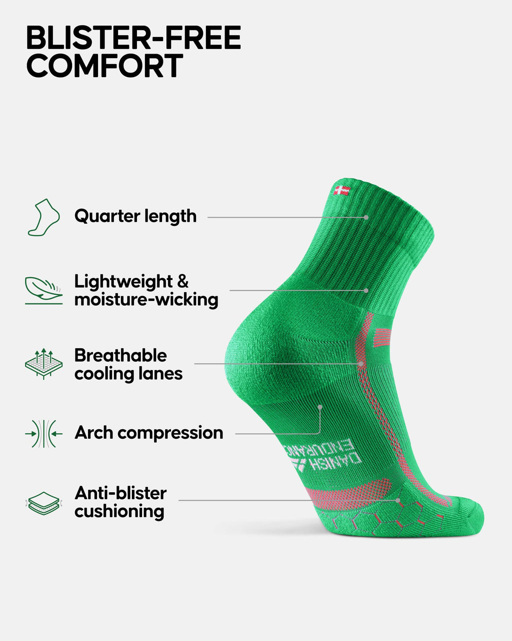 DANISH ENDURANCE Ultra-Comfort Quarter Running Socks, Performance Socks, Men & Women - 3 or 5 Pack