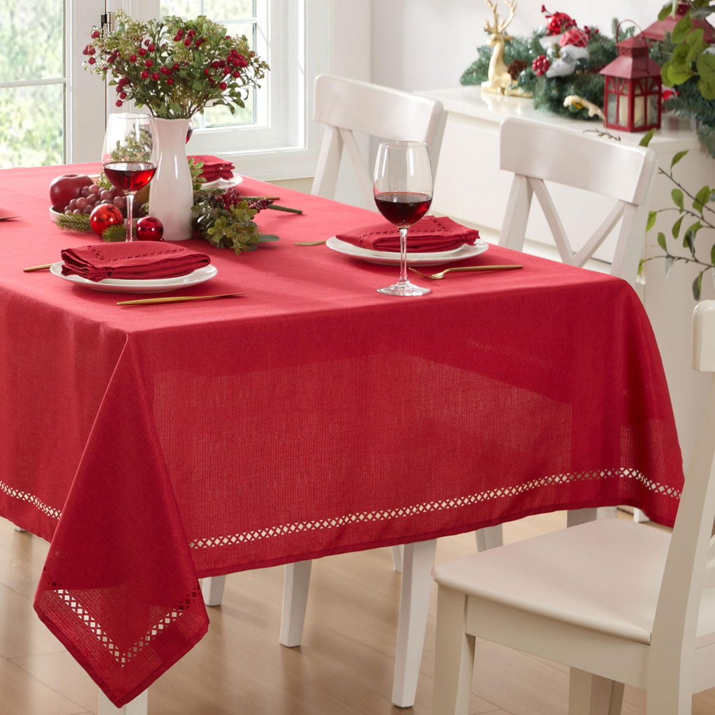 Newbridge Rectangle Fabric Placemats, Set of 4 Placemats, Provence Lattice Cutwork Solid Color Textured, Water and Stain Resistant Easy Care, Denim Blue