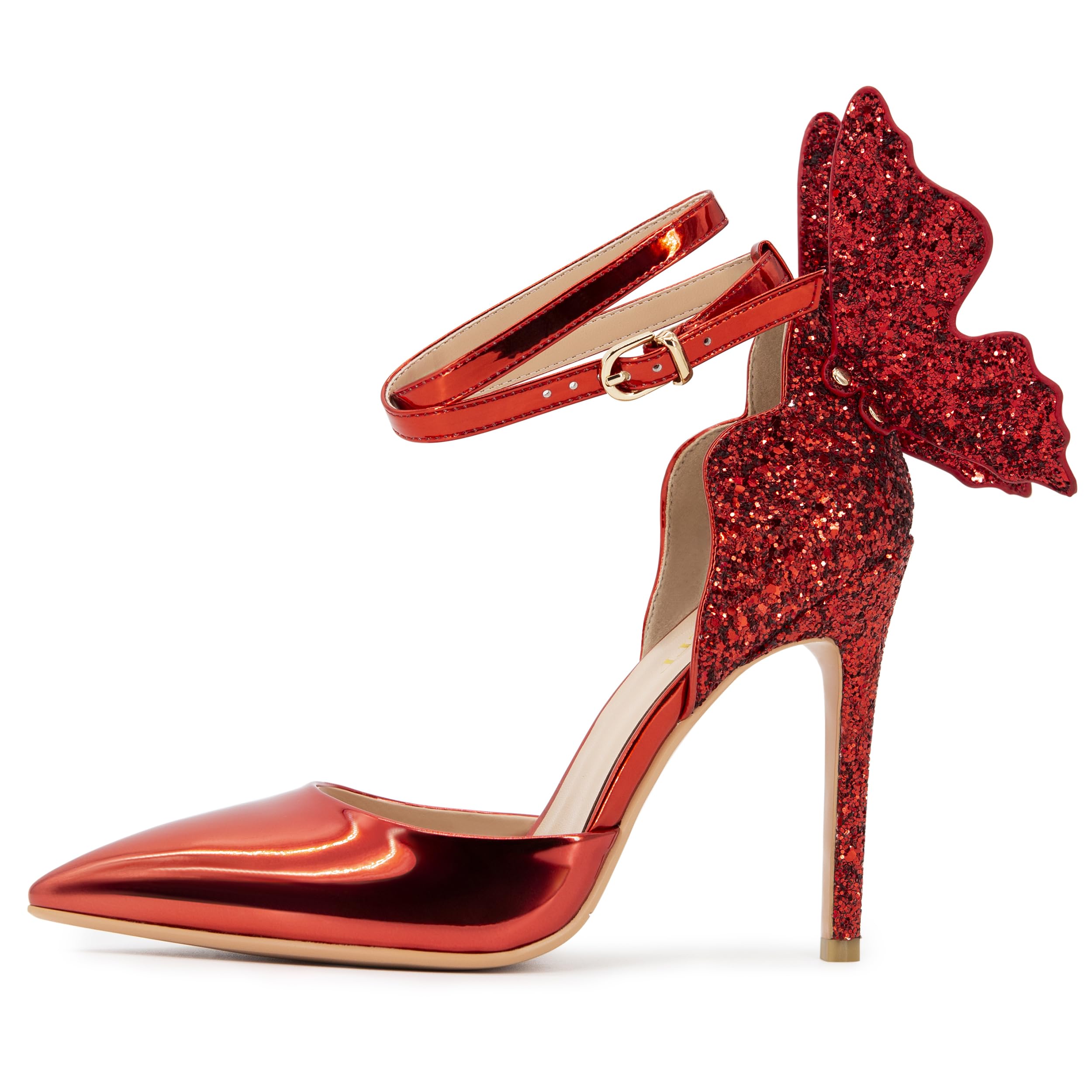 FINDVELL Gold High Heels Butterfly Back Sexy Stiletto Pumps Closed Toe Sparkly Ankle Strap Heels Sandals Dress Shoes for Women