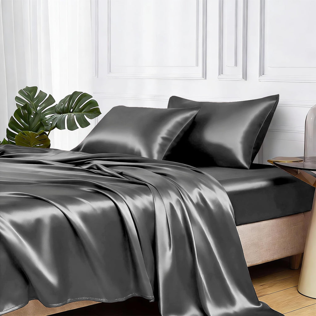 MR&HM Satin Sheets with Elastic Corner Straps, Twin Size 3-Piece Silky Bedding Set, Deep Pocket 15 Inches, Good for Hair & Skin (Twin, Black)