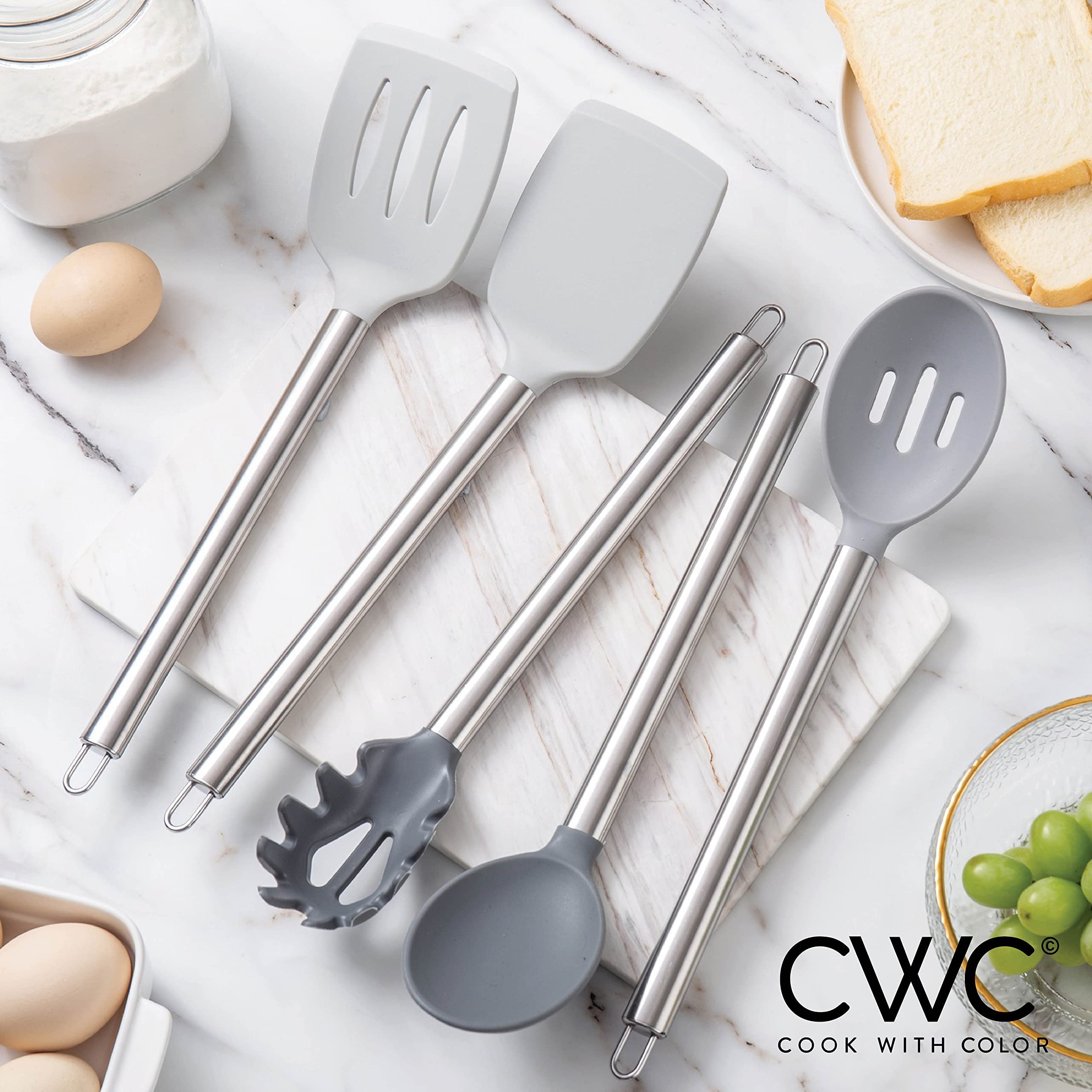 COOK WITH COLOR Silicone Cooking Utensils, Kitchen Utensil Set, Easy to Clean Silicone Kitchen Utensils, Cooking Utensils for Nonstick Cookware, Kitchen Gadgets Set with Holder, 10 Pieces