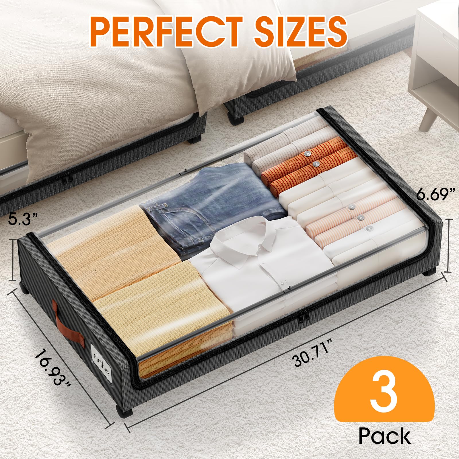 SpaceHacks Under Bed Storage with Wheels 1Pack Underbed Storage with Clear Window&Label Under Bed Drawers Large Capacity Rolling Under Bed Storage for Clothes,Shoes, Blankets (Beige)