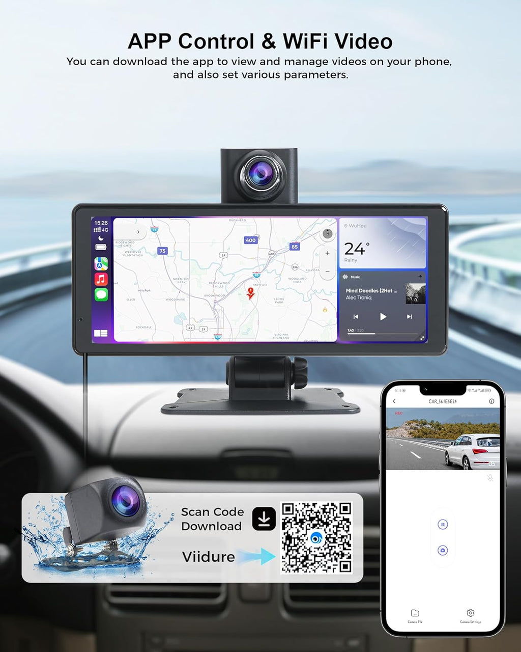 Portable Carplay Screen 8.1" Wireless Android Auto Car Stereo | 4K dash cam & 1080P backup camera system with mirror link, Bluetooth, GPS. For older cars, Truck, SUV, Van, all vehicles.