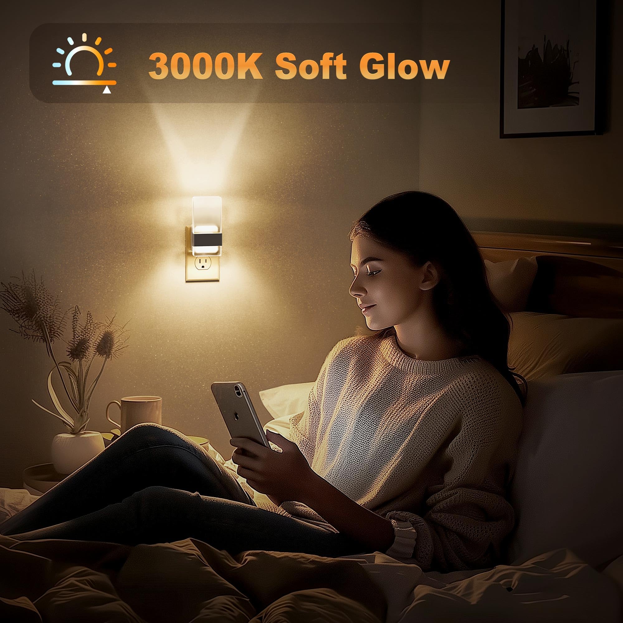 JandCase Night Lights Plug into Wall, Dusk to Dawn Sensor, 3000K Soft White LED, Acrylic Design, 0-100lm Adjustable Brightness, for Bedroom, Bathroom, Living Room, Hallway