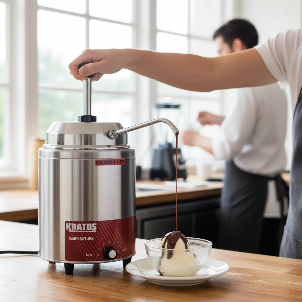 Kratos Commercial Hot Topping Dispenser with Heated Spout. 3.5 Quart Capacity - Accepts #10 Cans. Countertop Stainless Steel Warmer & Dispenser for Cheese, Hot Fudge, Caramel Sauce. 120V (29M-008)