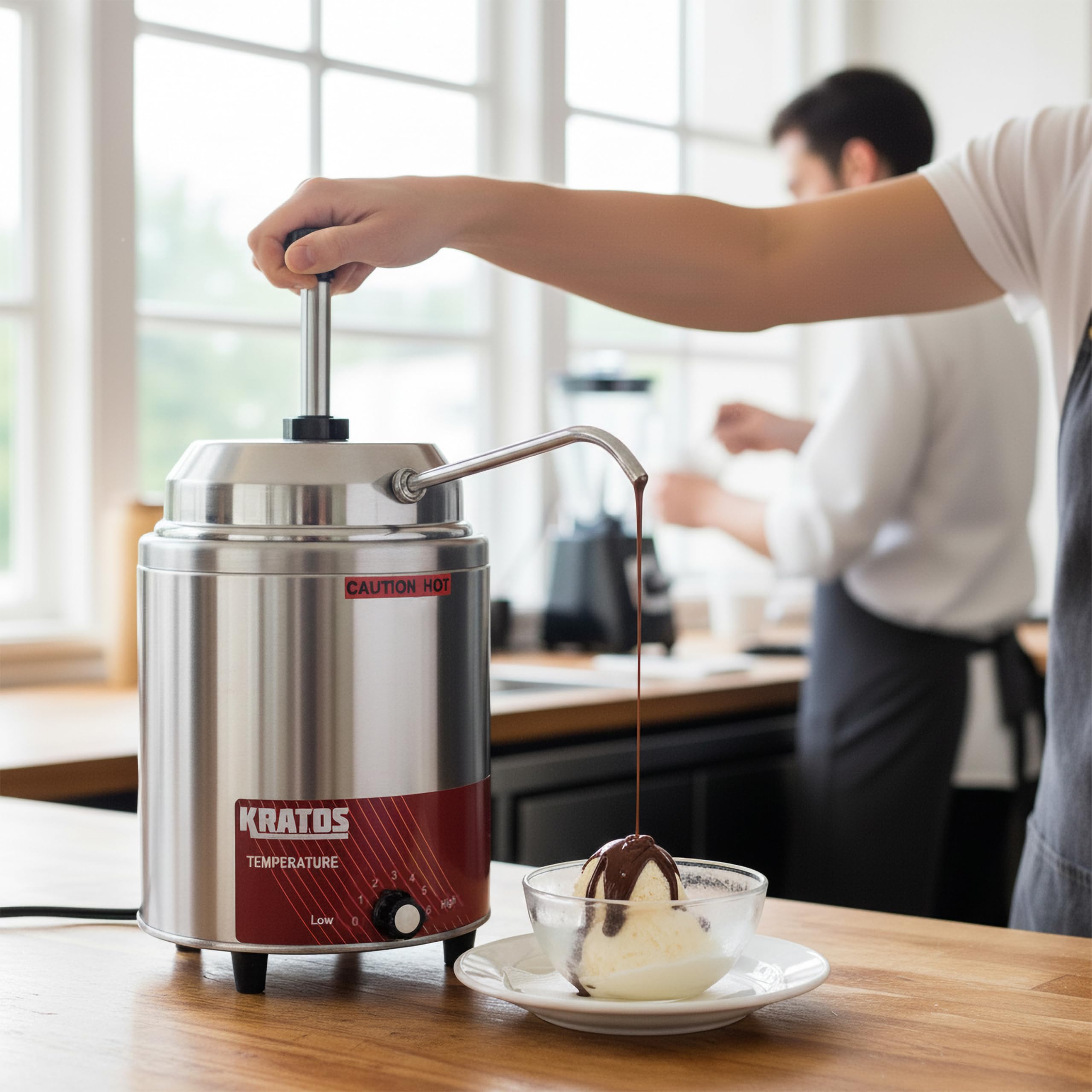 Kratos Commercial Hot Topping Dispenser with Heated Spout. 3.5 Quart Capacity - Accepts #10 Cans. Countertop Stainless Steel Warmer & Dispenser for Cheese, Hot Fudge, Caramel Sauce. 120V (29M-008)
