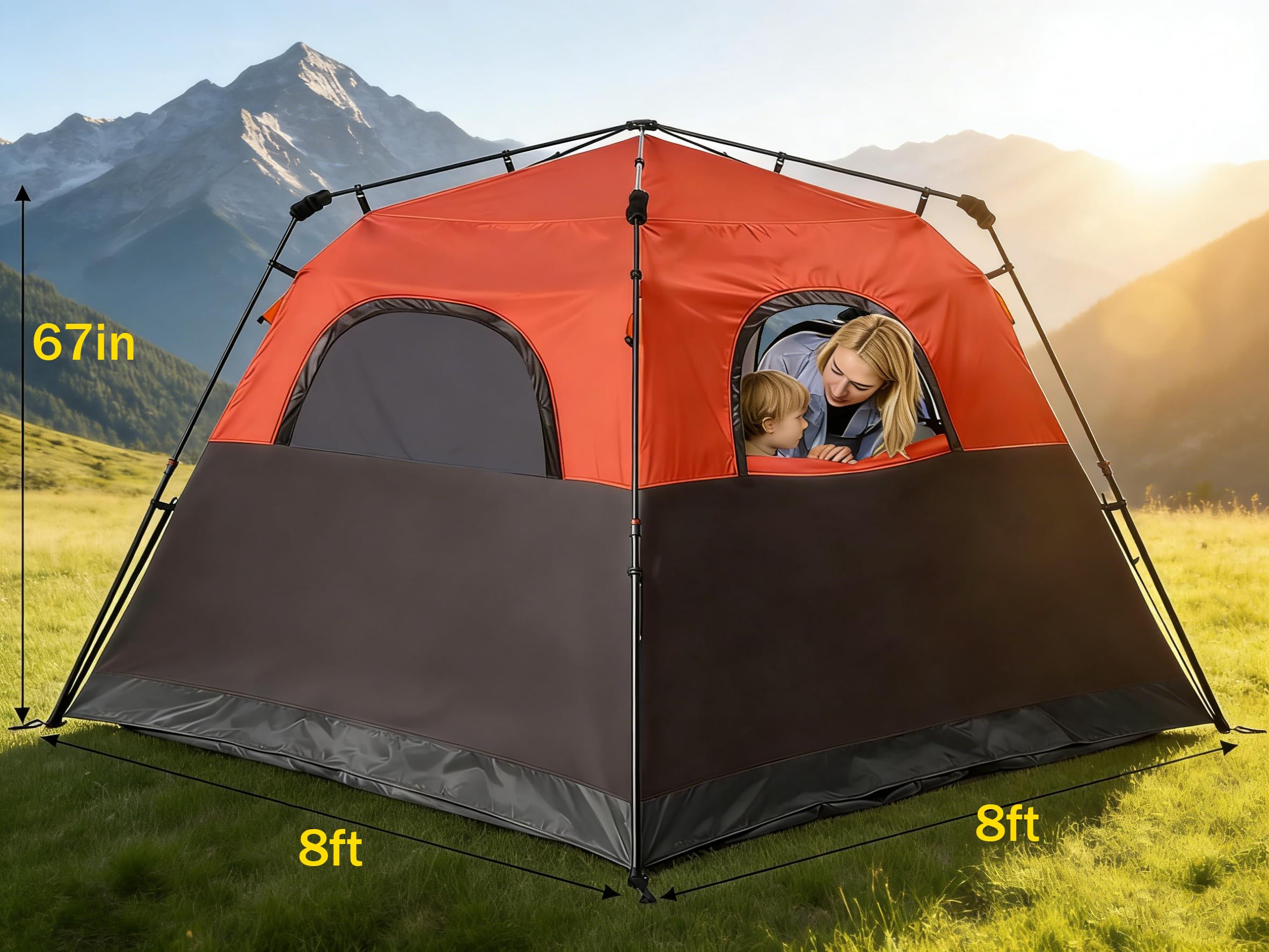 3/4 Person Camping Tent with 1 Door, 4 Windows, and Upgraded Ventilation– Instant Setup, Waterproof, 8'x 8'x 67''Oxford Fabric Floor Pop Up in 60 Seconds Includes Rainfly and Backpack
