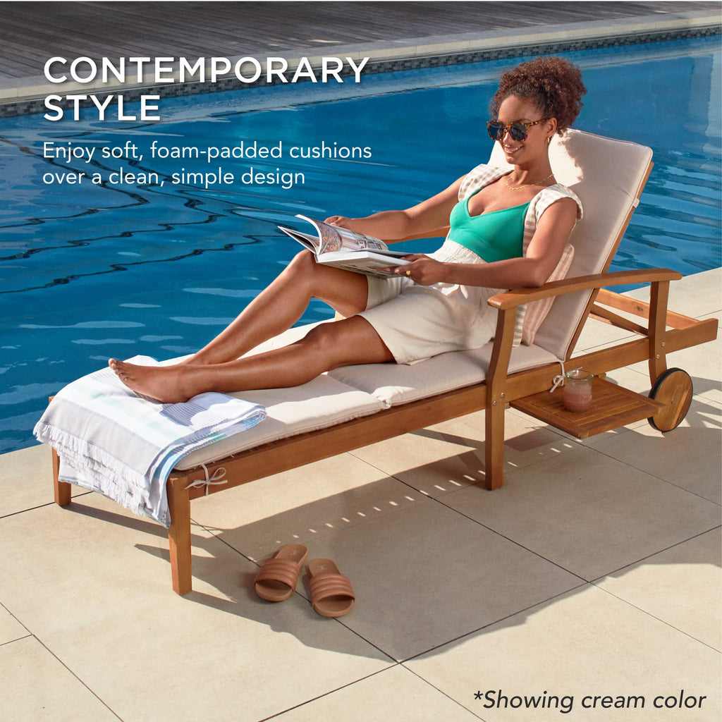 Best Choice Products 79x26in Acacia Wood Chaise Lounge Chair Recliner, Outdoor Furniture for Patio, Poolside w/Slide-Out Side Table, Foam-Padded Cushion, Adjustable Backrest, Wheels - Gray/Cream