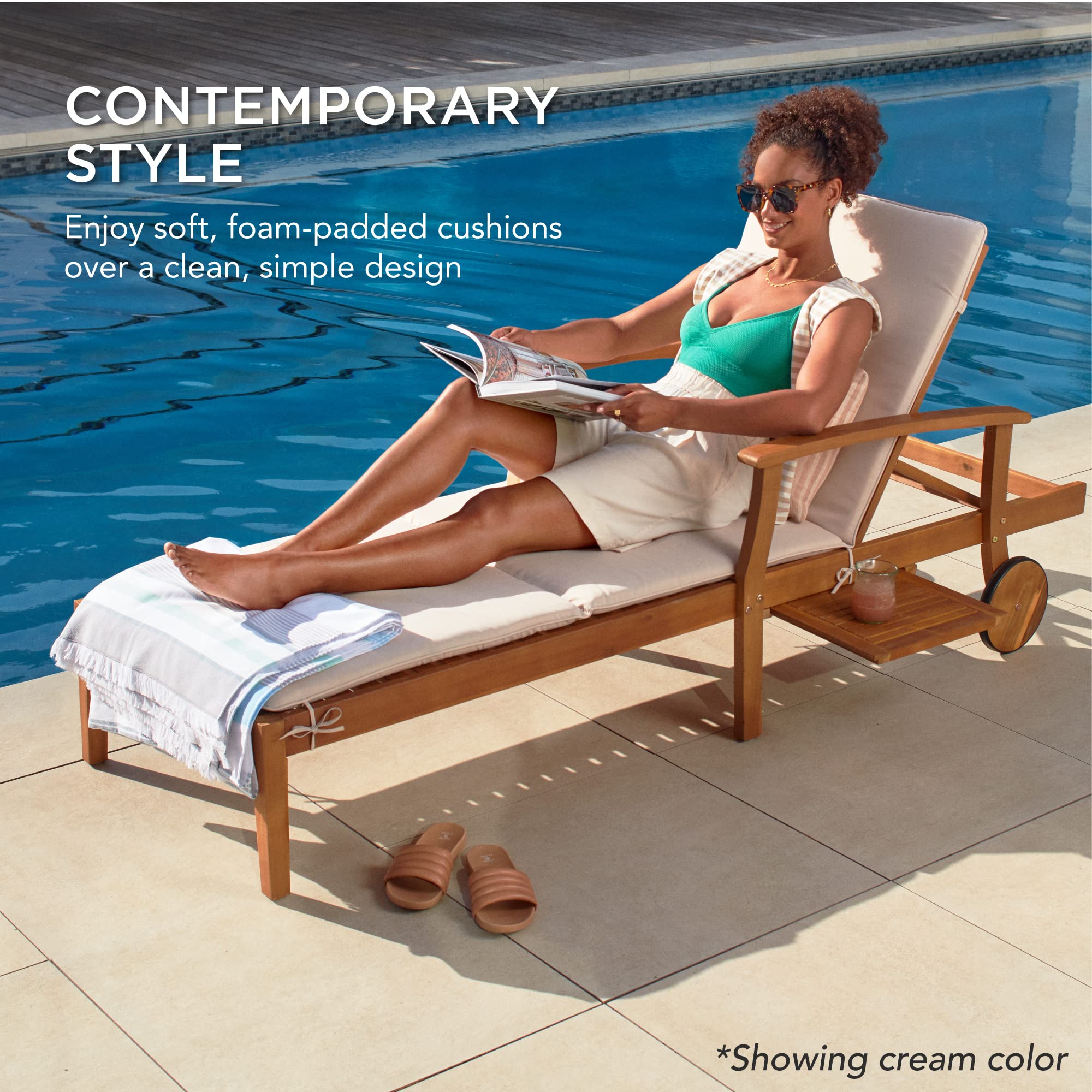 Best Choice Products 79x26in Acacia Wood Chaise Lounge Chair Recliner, Outdoor Furniture for Patio, Poolside w/Slide-Out Side Table, Foam-Padded Cushion, Adjustable Backrest, Wheels - Gray/Cream