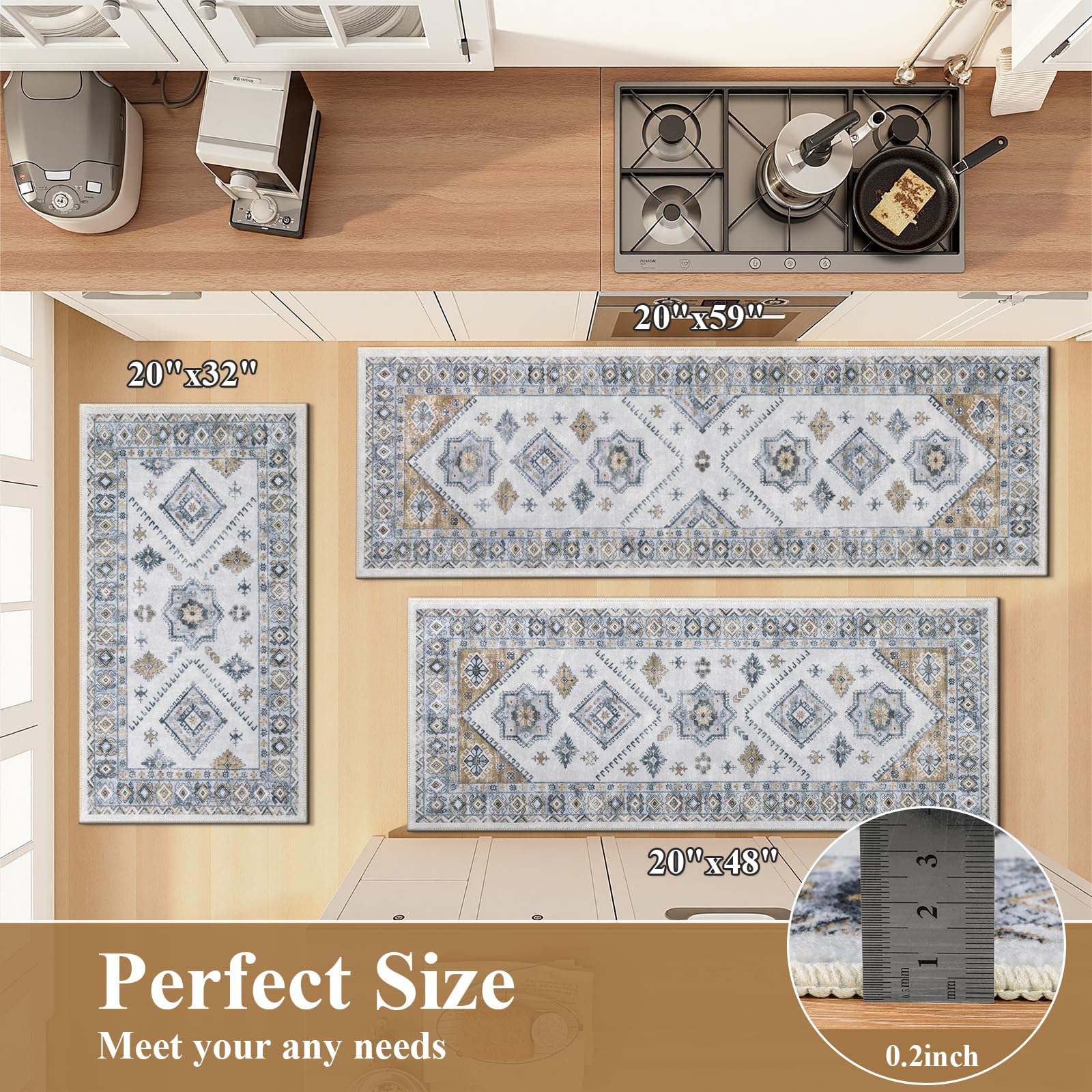 HEBE Boho Kitchen Rug Sets 3 Piece with Runner Non Slip Kitchen Rugs and Mats Washable Kitchen Mats for Floor Thick Kitchen Floor Mat Carpet Runner Rugs for Hallway Laundry Holiday Decor