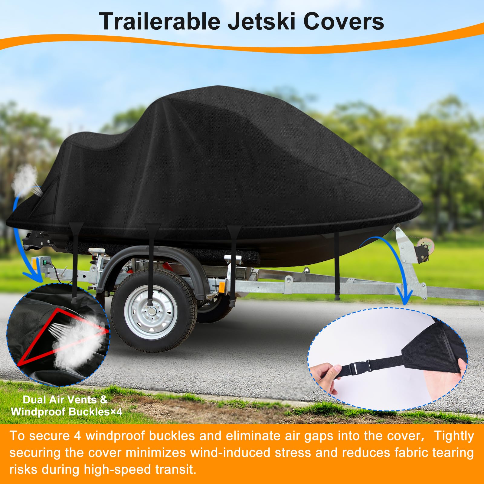 Jet Ski Cover,Heavy Duty 900D Oxford Jetski Cover 2 3 Seater with 2 Air Vents，4 Windproof Buckles，Easy On，Jetski Cover Waterproof for Seadoo Spark,Yamaha,All Weather Protection(Black, XL:115"-120")