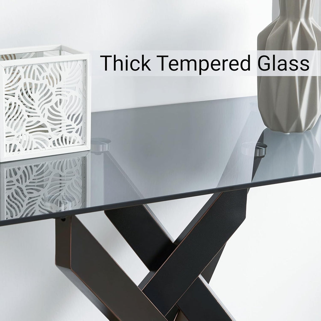 Edwin's Choice Black Glass Console Table Narrow Sofa Table with Grey Tempered Glass Top and Black Metal Tubular Legs with Gold Rim, 45”Lx18”Wx30”H