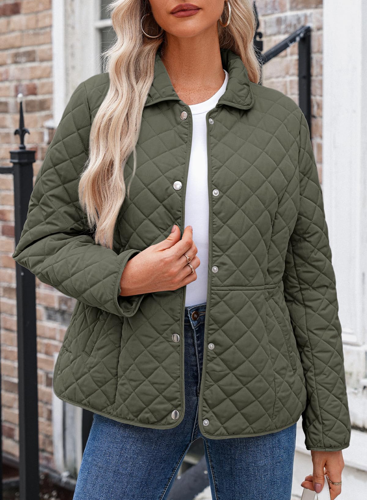 Dokotoo Women's Winter Quilted Jackets Long Sleeve Button Down Diamond Puffer Jacket Outerwear Coats with Pockets