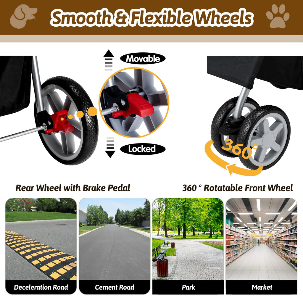 Pet Stroller, 4 Wheels Pet Strolling Cart for Medium/Small Dogs and Cats, Foldable Cat Jogger/Dog Stroller with Cup Holder, Storage Basket, Breathable Mesh, All-Season Pet Carrier, Black