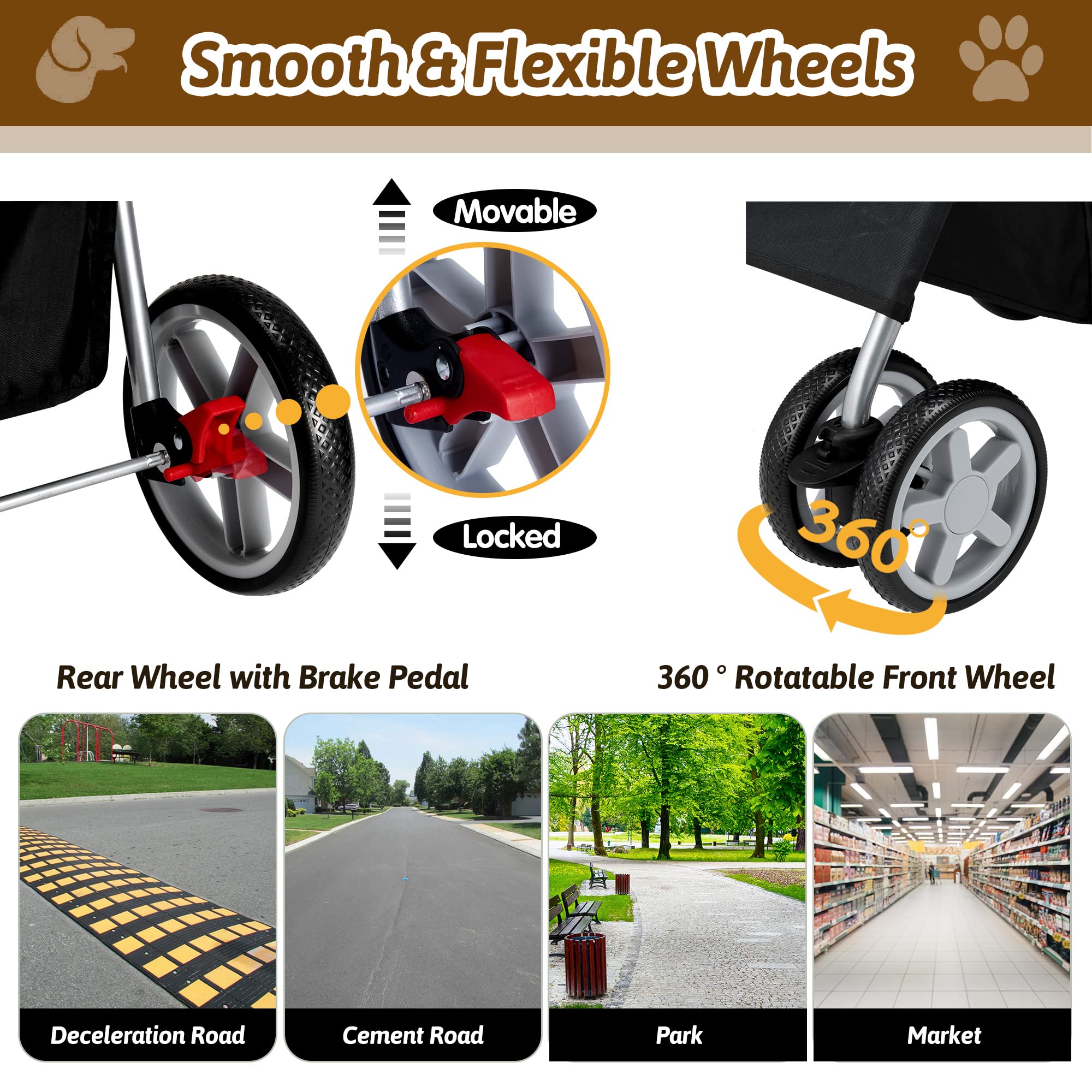 Pet Stroller, 4 Wheels Pet Strolling Cart for Medium/Small Dogs and Cats, Foldable Cat Jogger/Dog Stroller with Cup Holder, Storage Basket, Breathable Mesh, All-Season Pet Carrier, Black
