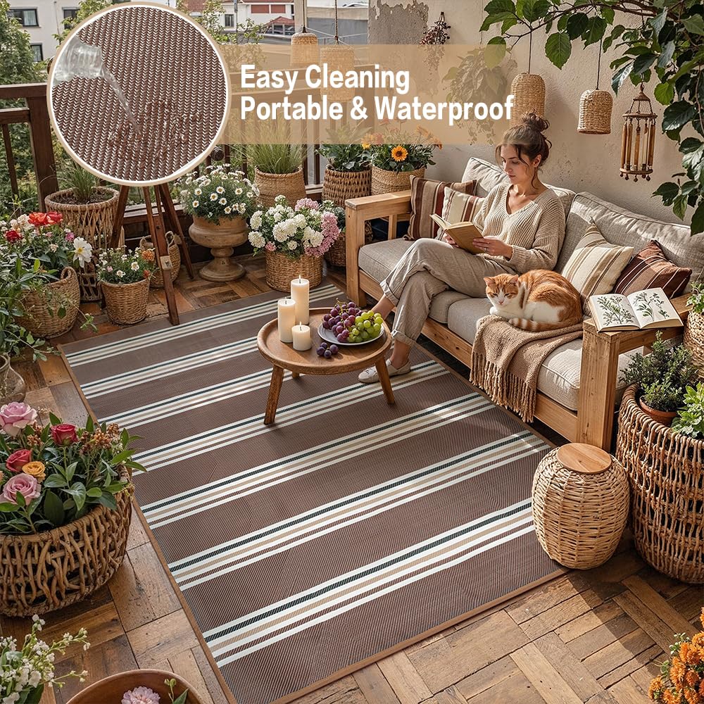 PureCozy Outdoor Plastic Straw Rug Black Beige Large Outside Waterproof Outdoor Patio 5x8 Carpet Geometric Reversible Mat Modern for Camping RV Porch Deck Balcony Beach