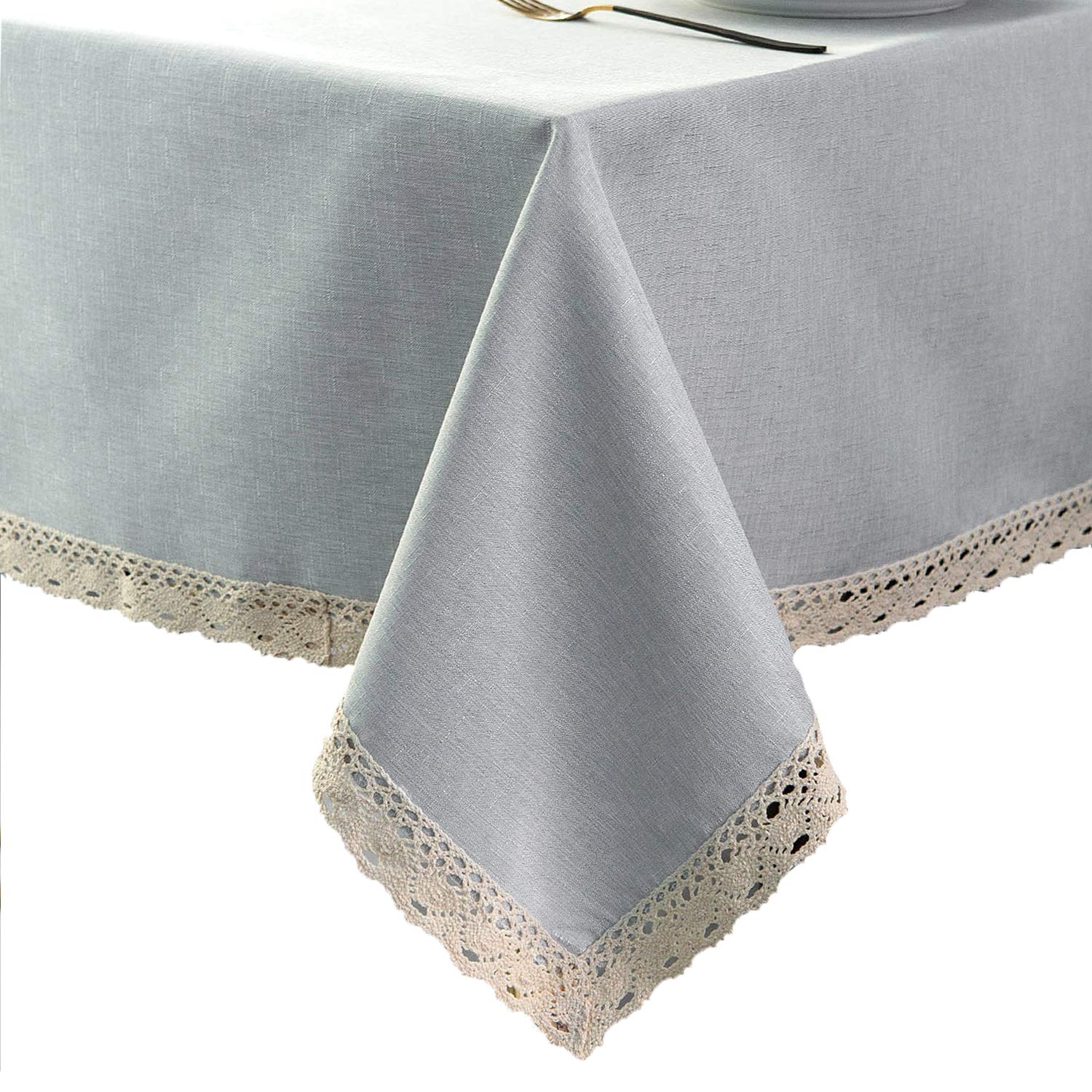 EHouseHome Faux Linen Tablecloth with Lace Trim - Waterproof/Spill Proof/Stain Resistant/Wrinkle Free/Oil Proof - for Banquet, Parties,Dinner,Kitchen,Wedding,Holiday,Blue Fog,Square 52X52Inch